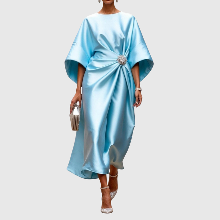 Satin Brooch Midi Dress in Sky Blue — VerolynBoutique