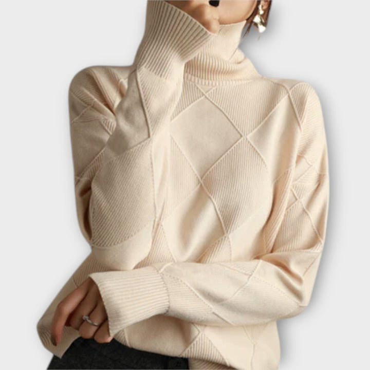Diamond Stitch Turtleneck Jumper in Beige — VerolynBoutique