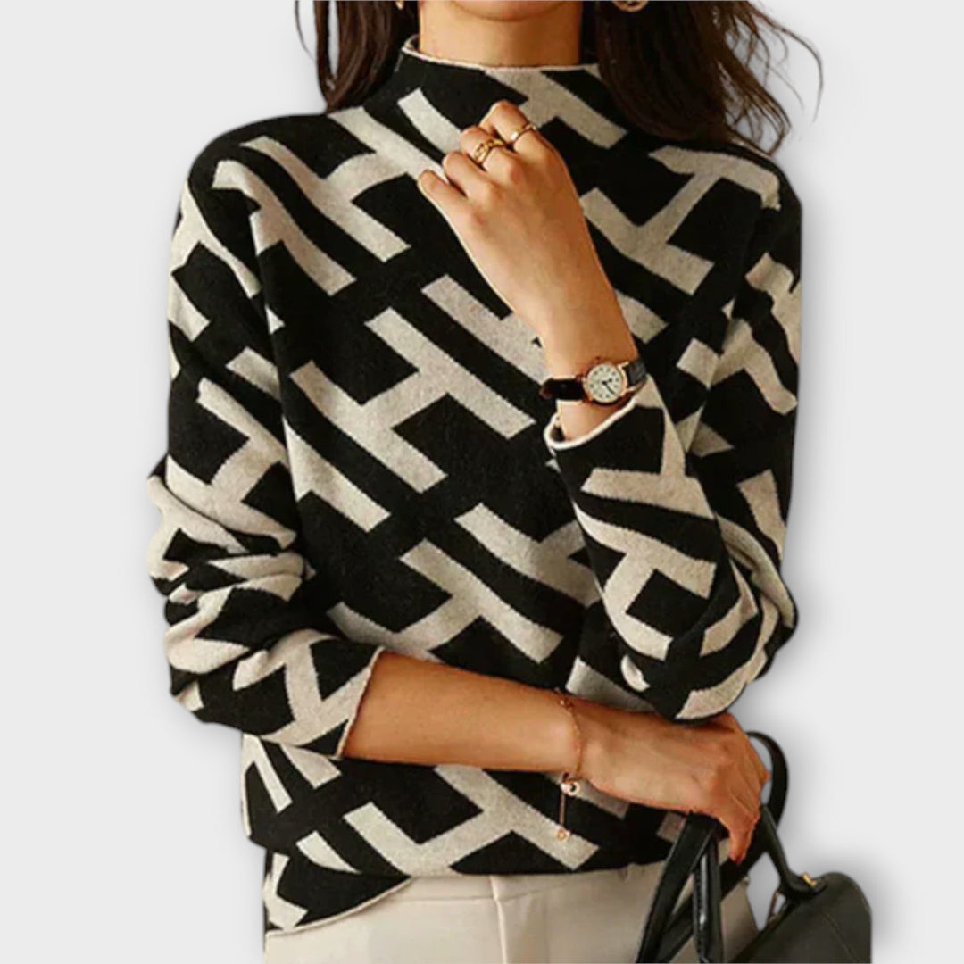 Geometric Mock Neck Jumper in Black & Beige — VerolynBoutique