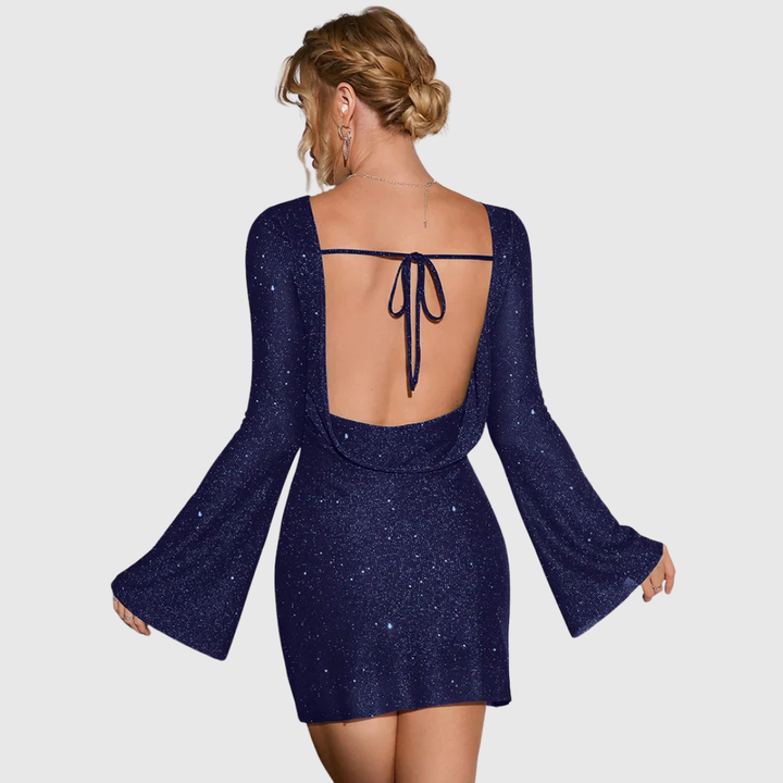Shimmer Ruched Mini Dress in Black — VerolynBoutique