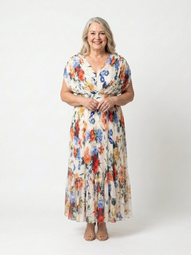 Pleated V-Neck Floral Midi Dress in Multicolour — VerolynBoutique