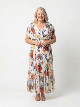 Pleated V-Neck Floral Midi Dress in Multicolour — VerolynBoutique