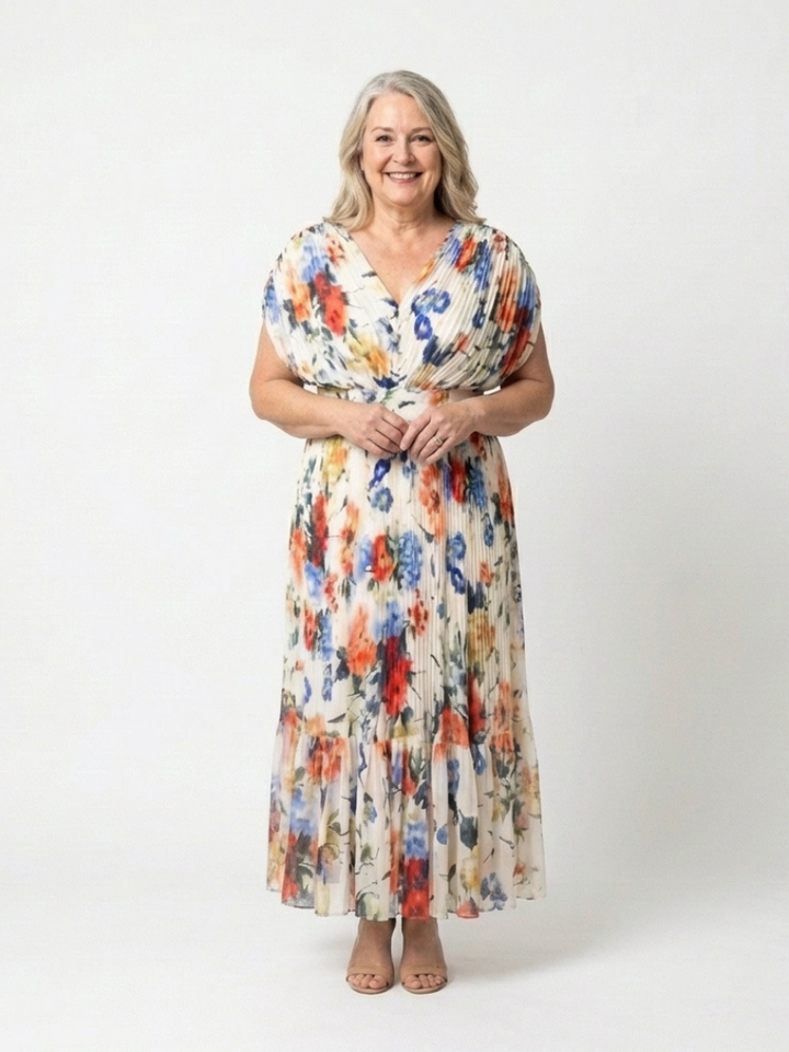 Pleated V-Neck Floral Midi Dress in Multicolour — VerolynBoutique
