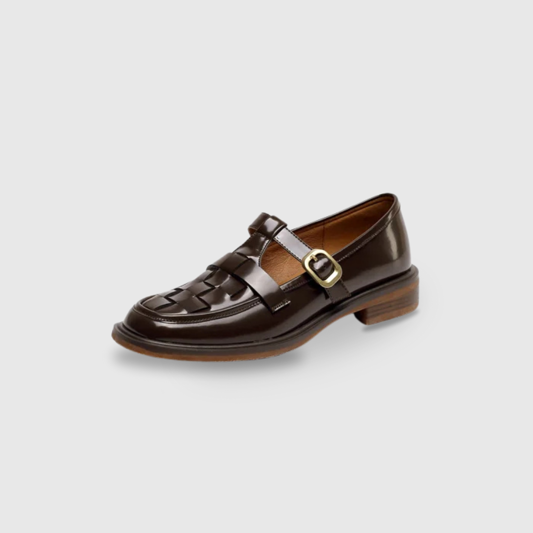 Basket-Weave Buckle Strap Flats in Brown — VerolynBoutique