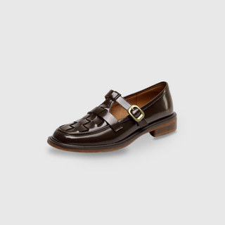 Basket-Weave Buckle Strap Flats in Brown — VerolynBoutique
