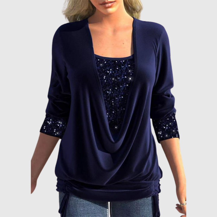 Sequin Layer Draped Blouse in Navy — VerolynBoutique