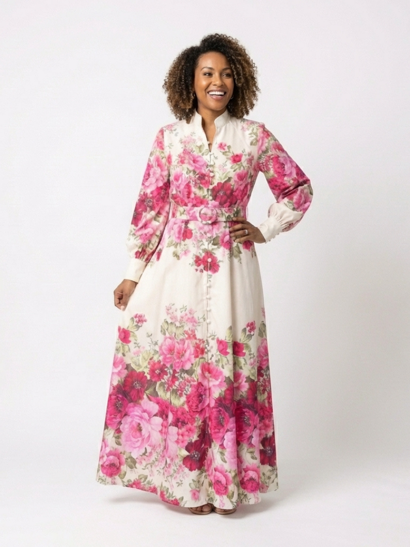 High-Neck Belted Floral Maxi Dress in Pink — VerolynBoutique