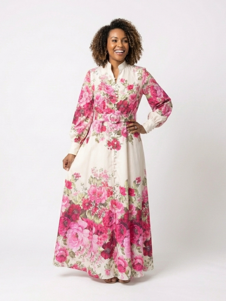 High-Neck Belted Floral Maxi Dress in Pink — VerolynBoutique