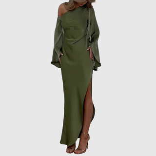 One-Shoulder Satin Evening Dress in Olive — VerolynBoutique