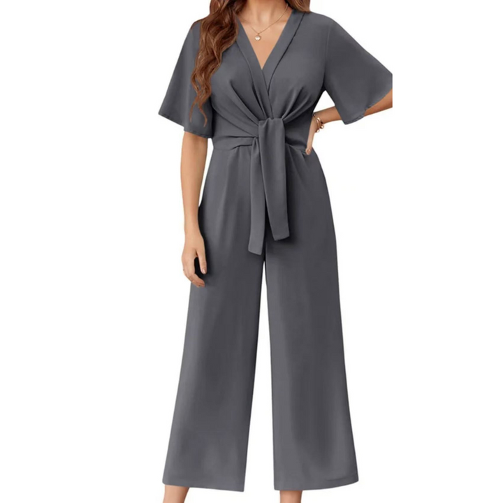 Tie-Waist Wrap Wide-Leg Jumpsuit in Grey — VerolynBoutique
