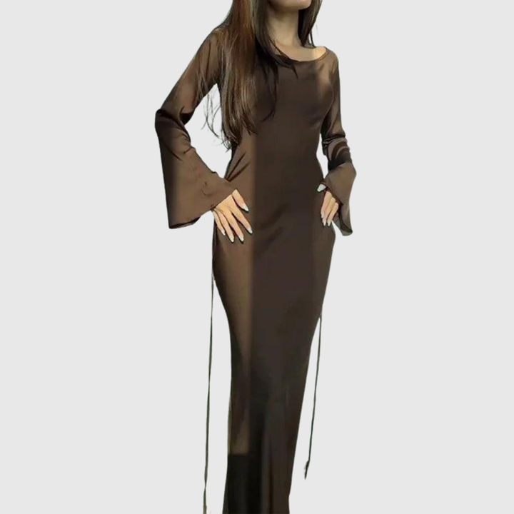 Flared Cuff Satin Maxi Dress in Brown — VerolynBoutique