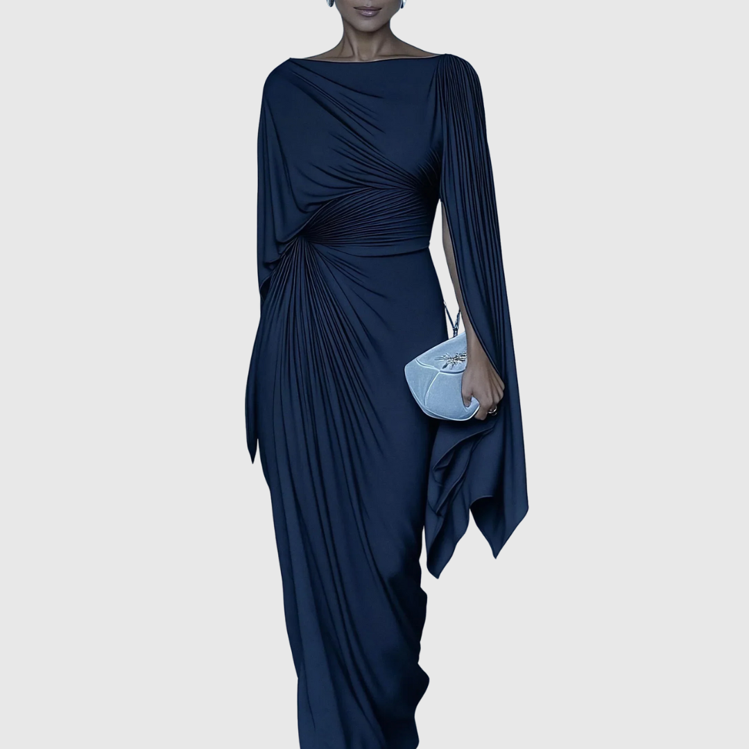 Pleated One-Shoulder Maxi Dress in Navy — VerolynBoutique