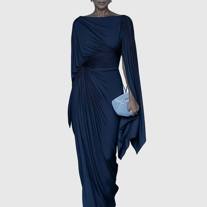 Pleated One-Shoulder Maxi Dress in Navy — VerolynBoutique