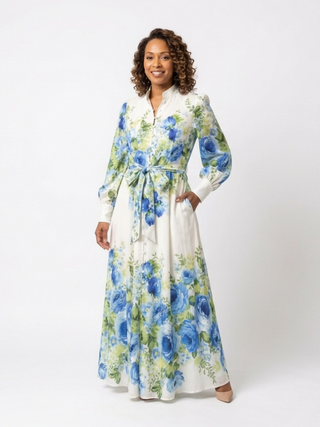Button-Front Tie-Waist Floral Maxi Dress in Green — VerolynBoutique