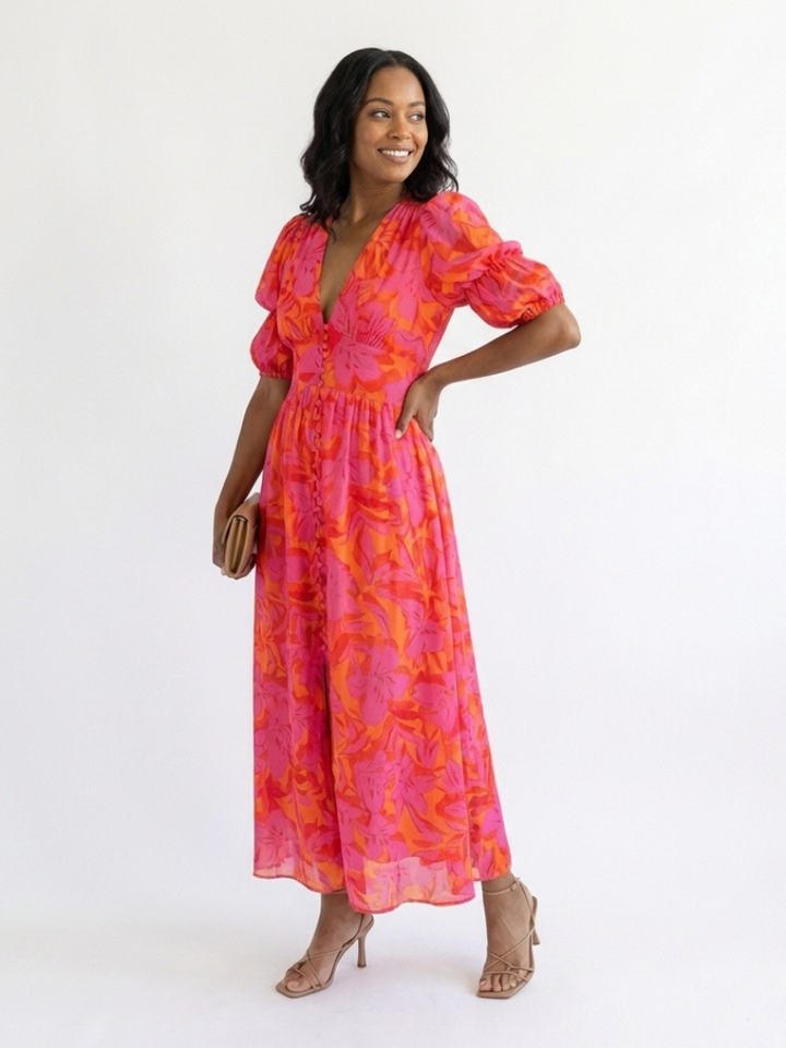 Floral Puff Sleeve Midi Dress in Pink — VerolynBoutique