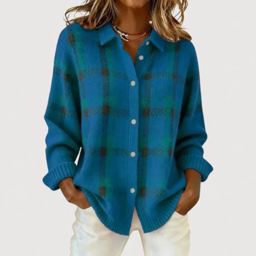 Verolyn Clara plaid knit cardigan in dark blue
