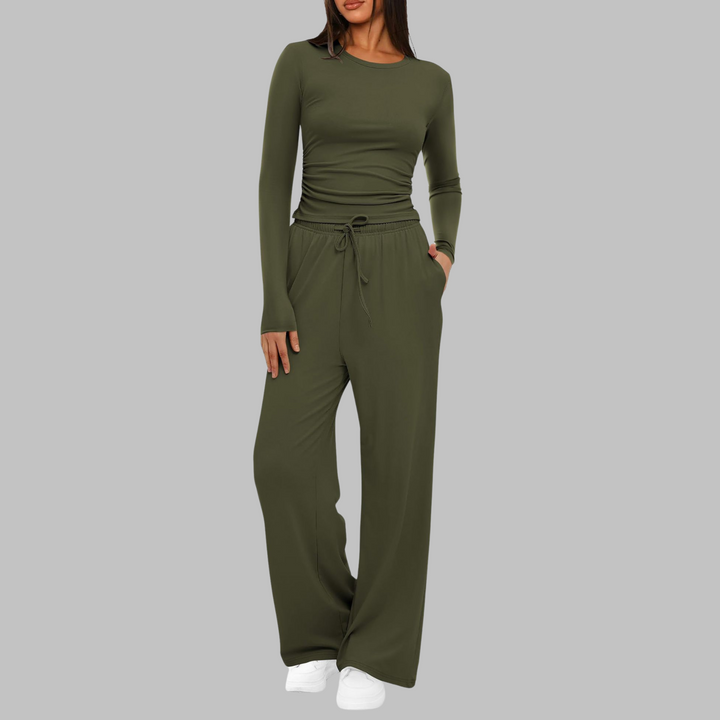 Long Sleeve Wide-Leg Trouser Set in Green — VerolynBoutique