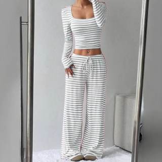 Striped Square Neck Lounge Set in Light Grey — VerolynBoutique