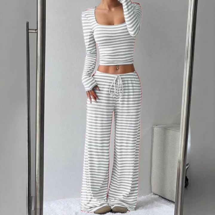 Striped Square Neck Lounge Set in Light Grey — VerolynBoutique