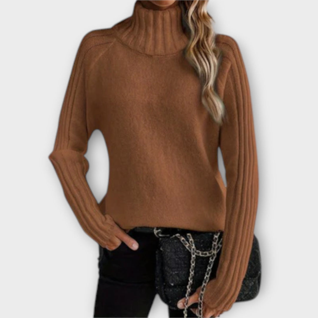 Ribbed Sleeve High Neck Jumper in Brown — VerolynBoutique