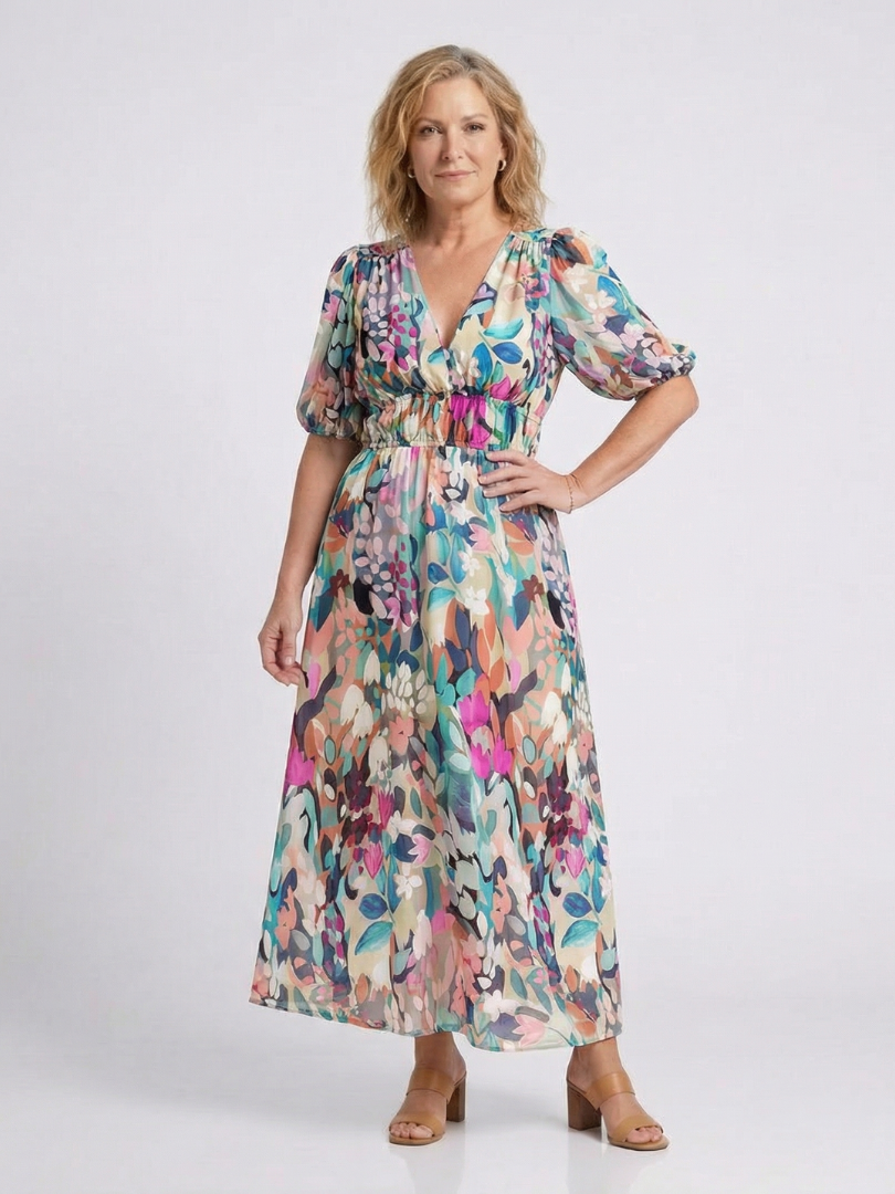 Gathered Waist Floral Midi Dress in Multicolour — VerolynBoutique