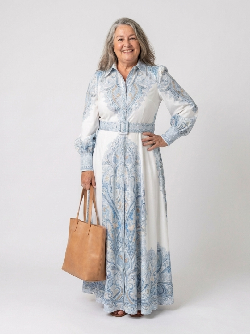 High-Neck Flared Print Maxi Dress in Sky Blue — VerolynBoutique