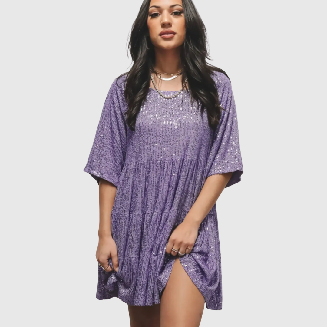 Sequin Puff-Sleeve Swing Dress in Purple — VerolynBoutique
