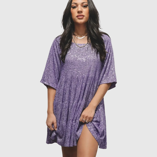 Sequin Puff-Sleeve Swing Dress in Purple — VerolynBoutique