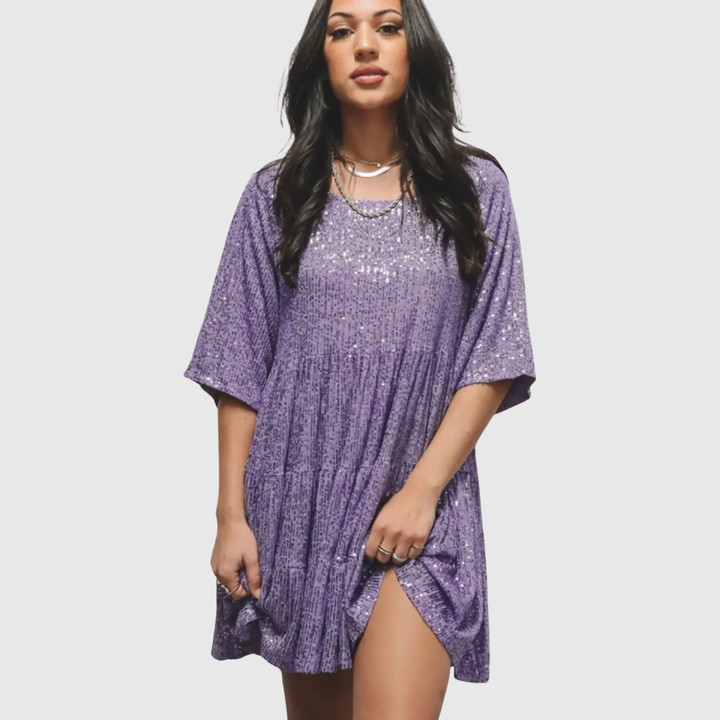 Sequin Puff-Sleeve Swing Dress in Purple — VerolynBoutique