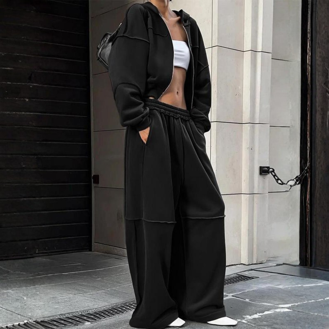 Zip-Up Hoodie Wide-Leg Set in Black — VerolynBoutique