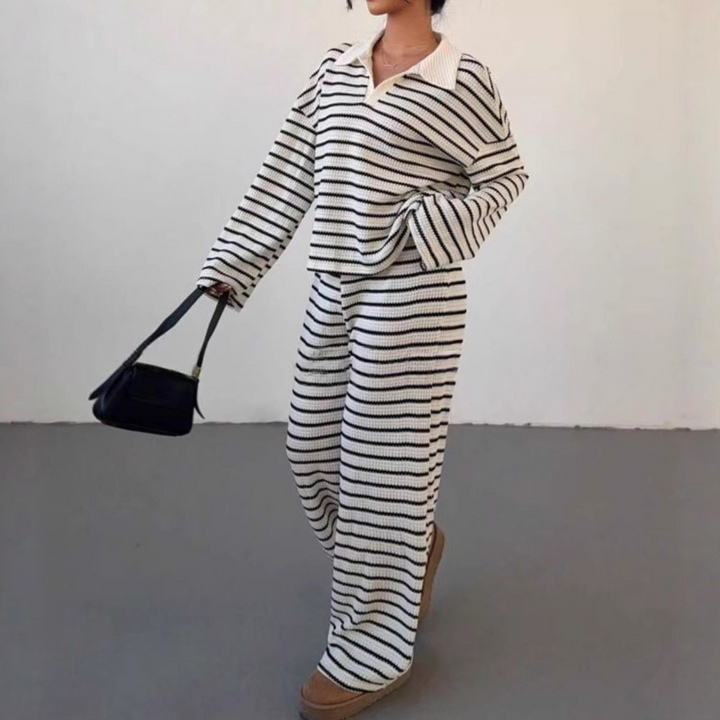 Verolyn - Striped V-Neck Top &amp; Trouser Set