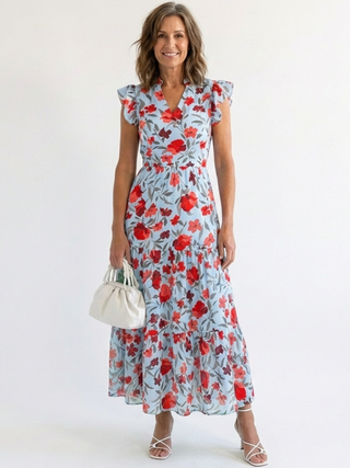 Floral V-Neck Tiered Midi Dress in Sky Blue — VerolynBoutique