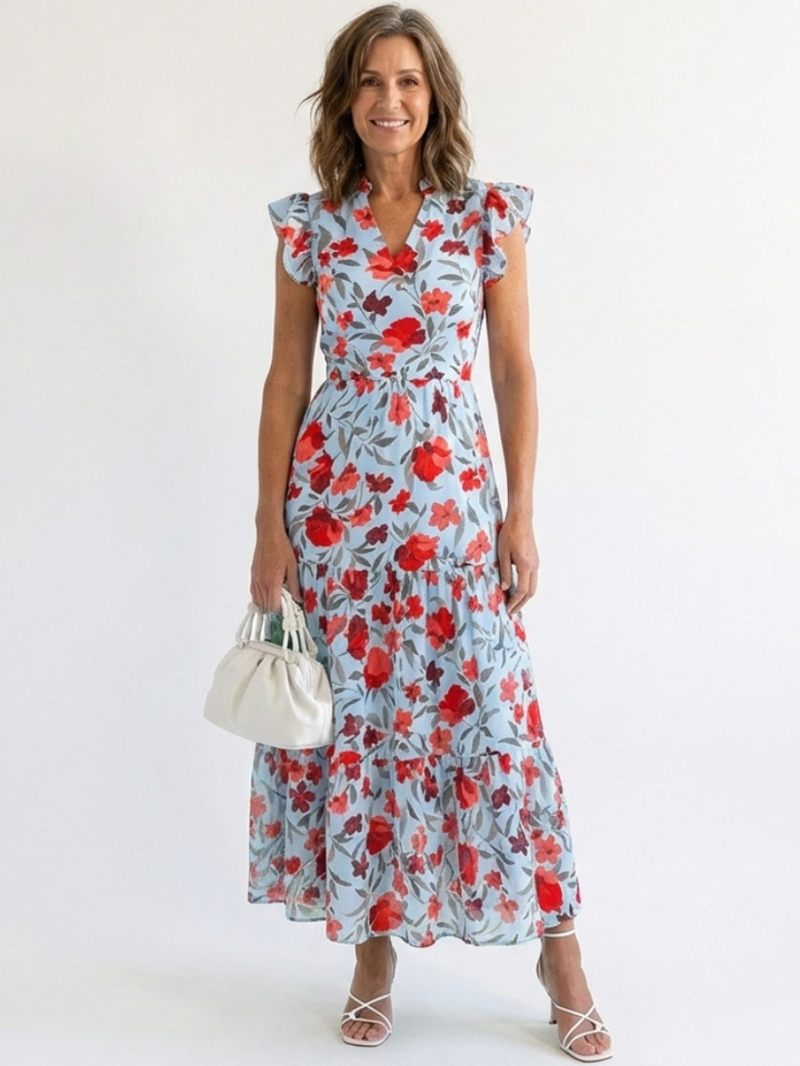 Floral V-Neck Tiered Midi Dress in Sky Blue — VerolynBoutique