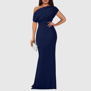 Draped One-Shoulder Formal Gown in Navy — VerolynBoutique