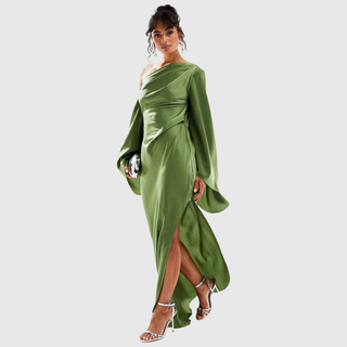 One-Sleeve Satin Maxi Dress in Green — VerolynBoutique