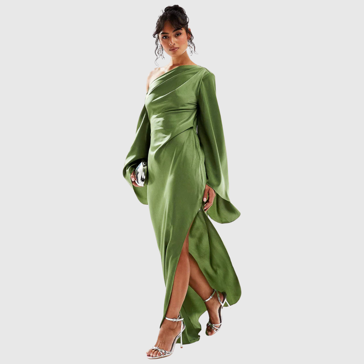 One-Sleeve Satin Maxi Dress in Green — VerolynBoutique