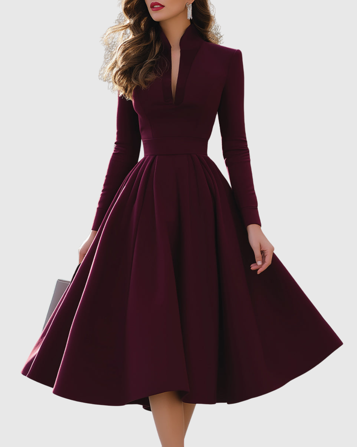 Verolyn - Wine V-Neck Midi Dress