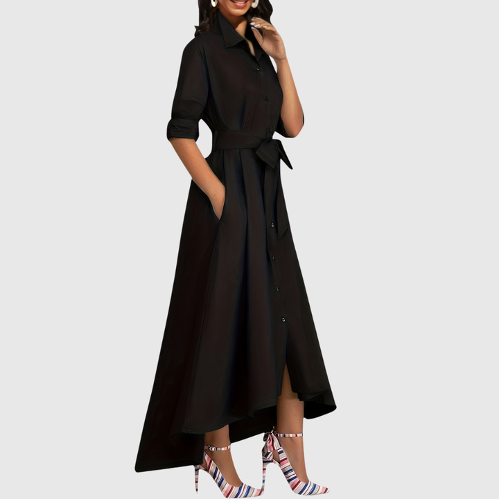 Button-Front Belted Maxi Dress in Navy — VerolynBoutique
