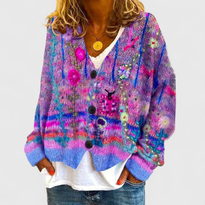 Painted Floral V-Neck Cardigan in Purple — VerolynBoutique