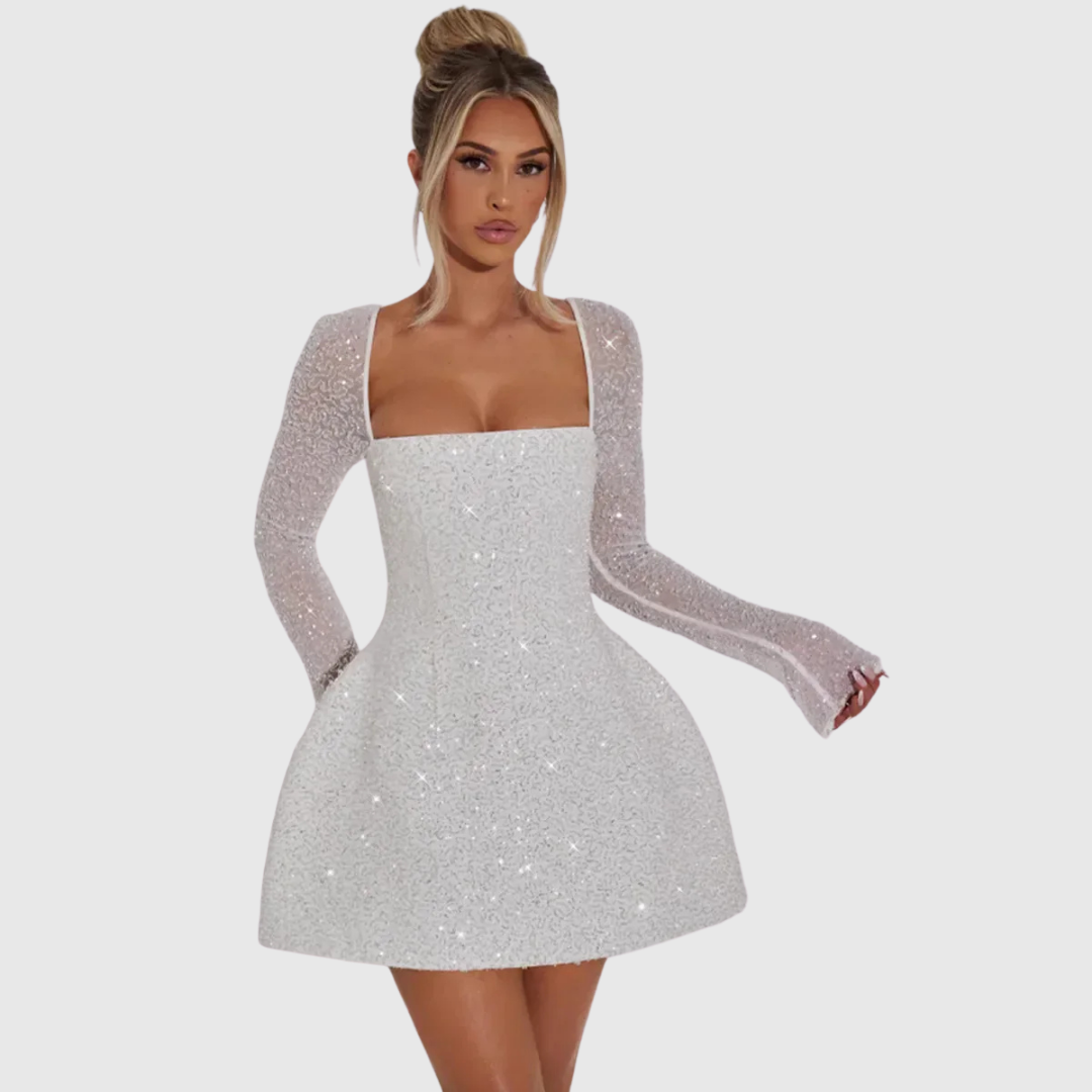 Sheer Sleeve Sequin Dress in White — VerolynBoutique