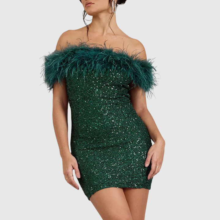 Off-Shoulder Sequin Mini Dress in Green — VerolynBoutique