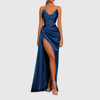 Ruched Satin Maxi Dress in Red — VerolynBoutique