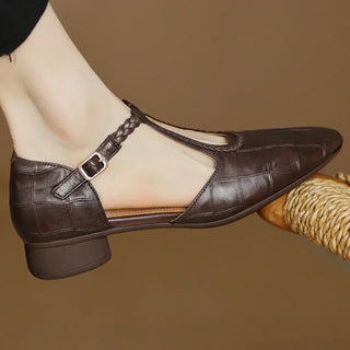 Croc-Embossed Braided T-Strap Shoes in Brown — VerolynBoutique