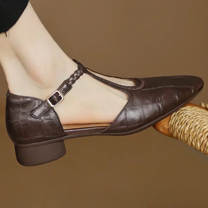 Croc-Embossed Braided T-Strap Shoes in Brown — VerolynBoutique