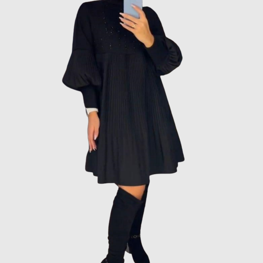 Pleated Puff-Sleeve Gown in Black — VerolynBoutique