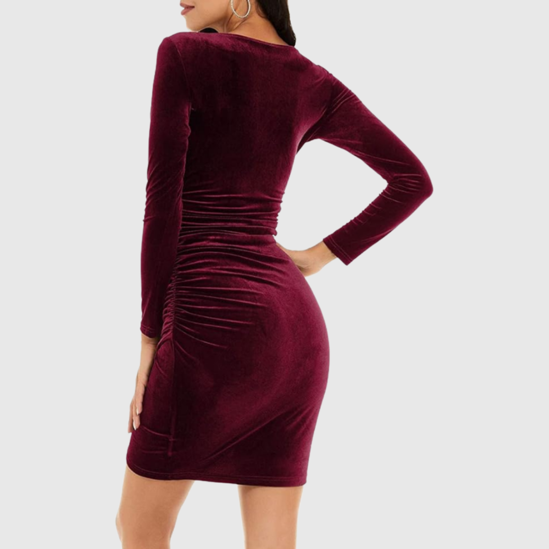 Ruched Velvet V-Neck Mini Dress in Burgundy — VerolynBoutique