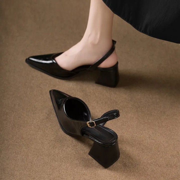 Glossy Pointed Slingback Block Heels in Black — VerolynBoutique