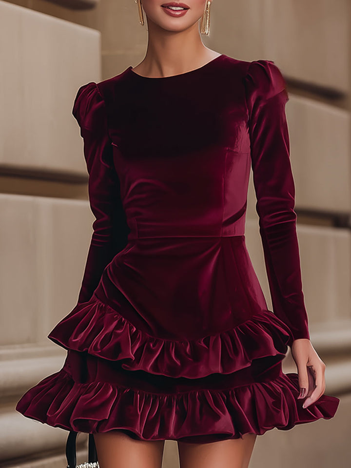 Velvet Ruffle Hem Mini Dress in Burgundy — VerolynBoutique