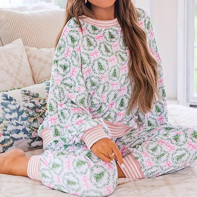 Christmas Bow Print Lounge Set in Green & Pink — VerolynBoutique
