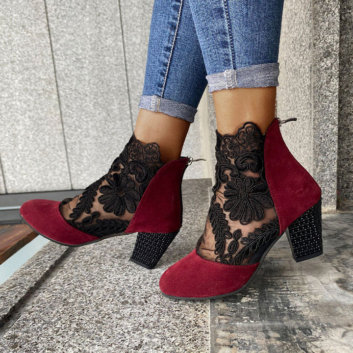 Lace Panel Heeled Ankle Boots in Black — VerolynBoutique